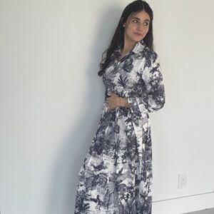 Wide Pleated Tropical Pattern evening dress