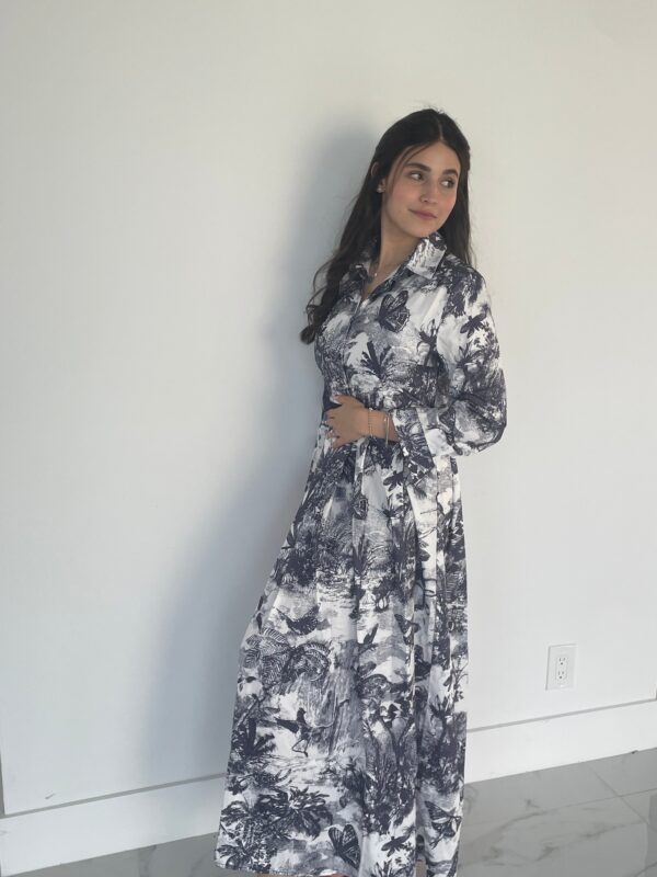 Wide Pleated Tropical Pattern evening dress