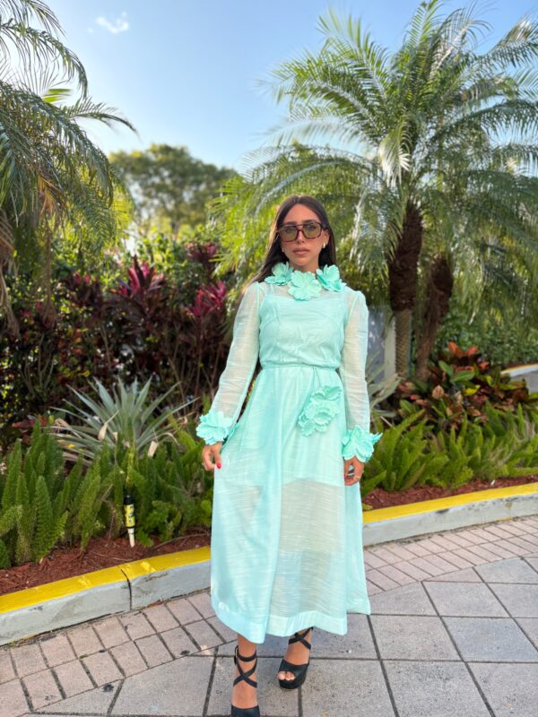 Sheer midi dress with flower detail collar and belt