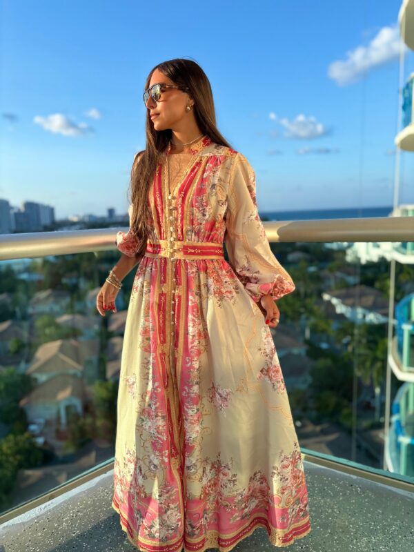 Red detailed design V neck belt design single breasted dress