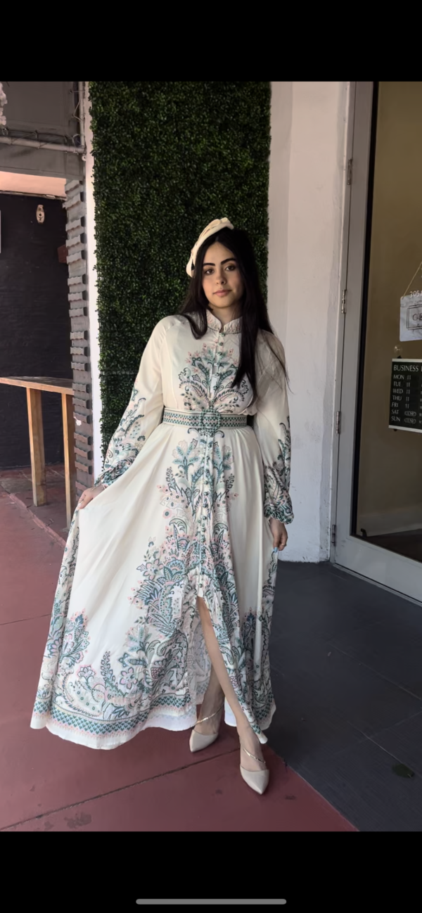 Green pattern single breasted dress