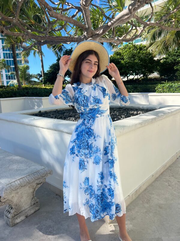Sheer blue and white tie dress