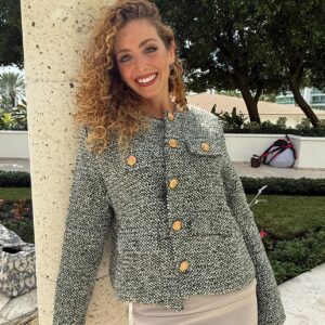 Black and gray blazer with gold detail buttons