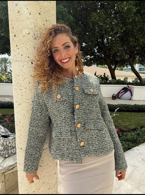 Black and gray blazer with gold detail buttons