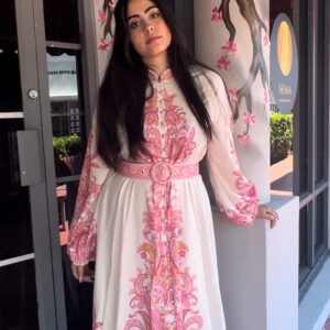 Elegant Belted Pink Design Single Breasted Long Dress