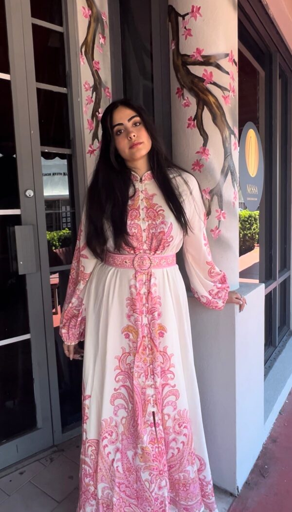 Elegant Belted Pink Design Single Breasted Long Dress