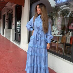 Blue lace pattern single breasted dress