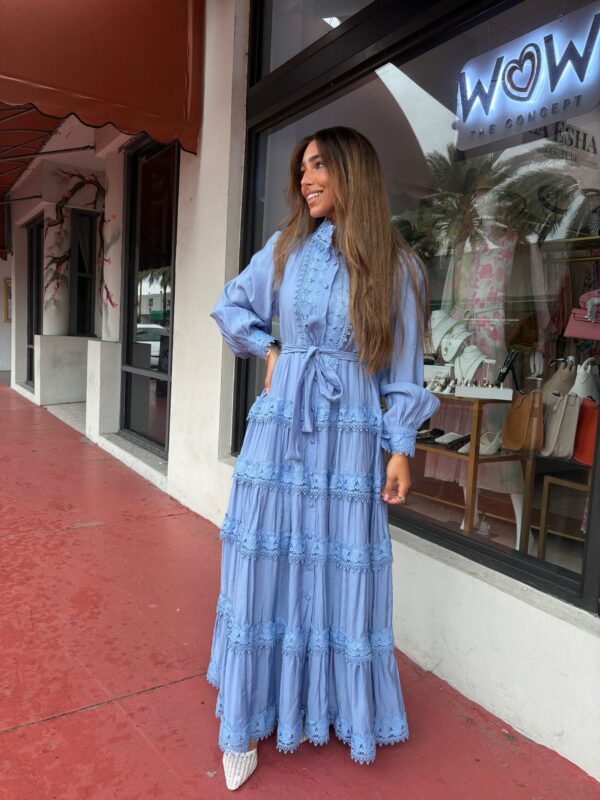 Blue lace pattern single breasted dress