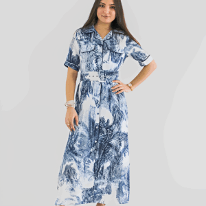 Tropical Pattern Belted Button Down Dress