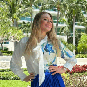 White Elegant Button Down Shirt With Blue Flower