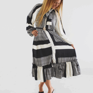 Pattern Button Up Black Grey And White Elegant Midi Dress