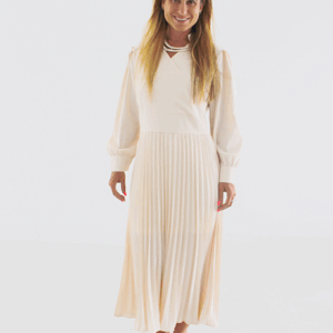 High V-Neck Cream Pleated Dress