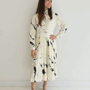 White And Black Splats Long Sleeve Pleated Dress