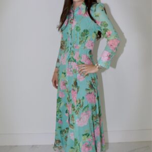 Green floral pattern button down dress