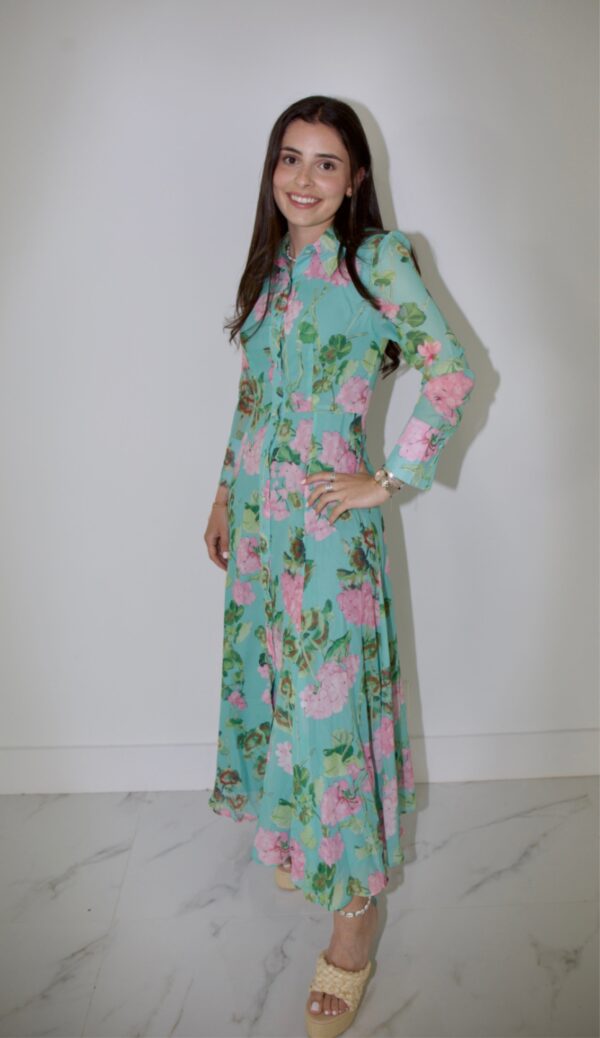 Green floral pattern button down dress