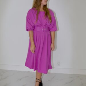Ballon sleeve waisted pleated dress