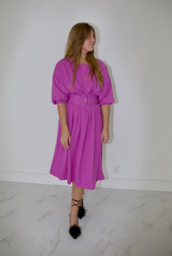 Ballon sleeve waisted pleated dress